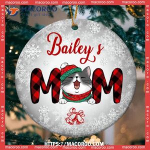 Cat’s Mom Silver Snowflake Circle Ceramic Ornament, Cat Ornaments For Christmas Tree