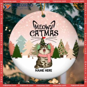 Cat Wear Christmas Costume With Snowy Pink Background, Personalized Lovers Decorative Ornament,meowy Catmas 2022 Circle Ceramic Ornament