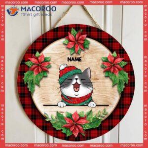 Cat With Christmas Flower And Red Plaid, Personalized Wooden Signs
