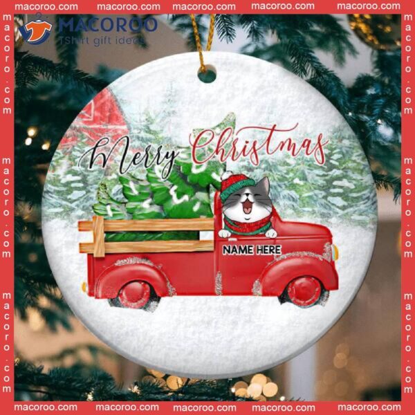 Cat With Red Truck And Pine Tree, Personalized Lovers Decorative Christmas Ornament,merry Circle Ceramic Ornament