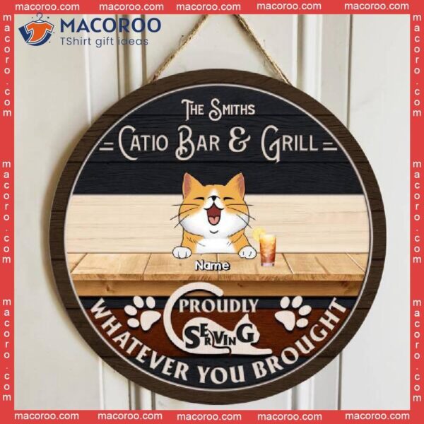 Catio Bar & Grill Proudly Serving Whatever You Brought, Custom Family Name, Personalized Cat Breeds Wooden Signs
