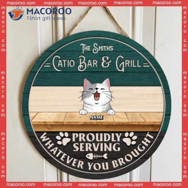 Catio Bar & Grill Proudly Serving Whatever You Brought, Custom Name Background Color, Personalized Cat Breed Wooden Signs