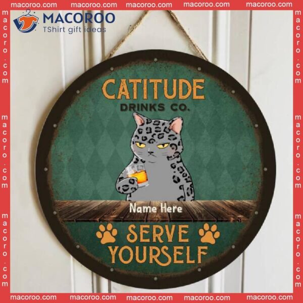 Catitude Drink Co, Cats And Beverage, Personalized Cat Wooden Signs