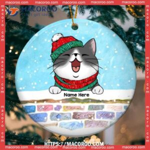 Cats Peeking Over Colorful Brick Wall, Cat Christmas Ornaments Personalized