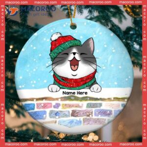 Cats Peeking Over Colorful Brick Wall, Personalized Cat Christmas Ornament