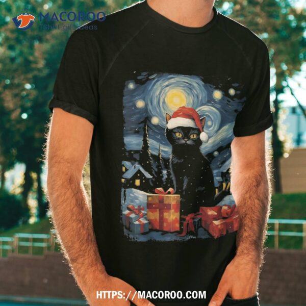 Christmas Black Cat Starry Night Van Gogh Retro Art Kids Shirt, Disney Santa Clause