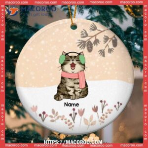 Christmas Cat Circle Ceramic Ornament, Cute Floral With Orange Background, Hallmark Cat Ornaments