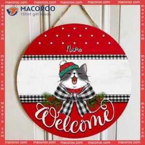 Christmas Cat Welcome Door Sign, Mom Gifts, Black Plaid Bow Home Sweet Signs , Gift For Lovers