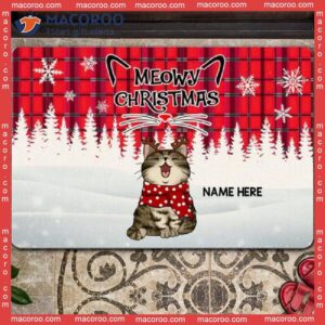 Christmas Custom Doormat, Gifts For Cat Lovers, Meowy Red Plaid White Snowflake Holiday Doormat