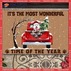 Christmas Custom Doormat, Gifts For Dog Lovers, It’s The Most Wonderful Time Of Year Red Truck Snow Holiday Doormat