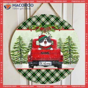 Christmas Door Decorations, Cat Mom Gifts, Gifts For Lovers, Cats On Red Truck & Green Pine Forest Welcome Sign
