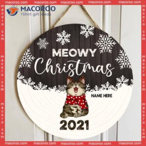 Christmas Door Decorations, Gifts For Cat Lovers, Meowy Gray Wooden White Snowflake Welcome Signs , Mom