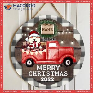 Christmas Door Decorations, Gifts For Dog Lovers, Merry 2022 Dogs On Red Truck Welcome Wooden Signss , Mom