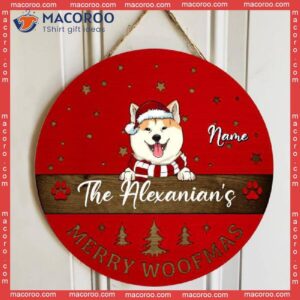 Christmas Door Decorations, Merry Woofmas Red Background Family Name Sign , Gifts For Dog Lovers, Mom