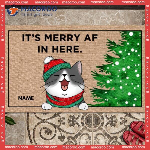 Christmas Personalized Doormat, Gifts For Cat Lovers, It’s Merry Af In Here Front Door Mat