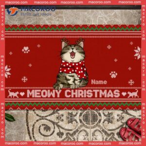 Christmas Personalized Doormat, Gifts For Cat Lovers, Meowy Xmas Pattern Front Door Mat