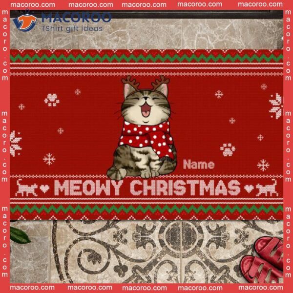 Christmas Personalized Doormat, Gifts For Cat Lovers, Meowy Xmas Pattern Front Door Mat