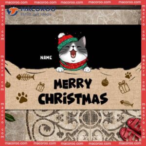 Christmas Personalized Doormat, Gifts For Cat Lovers, Merry Xmas Things & Fish Bone Front Door Mat