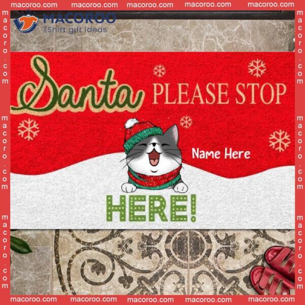 Christmas Personalized Doormat, Gifts For Cat Lovers, Santa Please Stop Here Front Door Mat