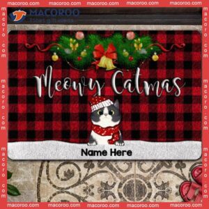 Christmas Personalized Doormat, Meowy Catmas Buffalo Plaid Front Door Mat, Gifts For Cat Lovers