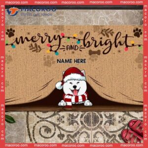 Christmas Personalized Doormat, Merry And Bright Dog Peeking From Curtain Front Door Mat, Gifts For Lovers