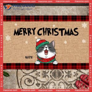 Christmas Personalized Doormat, Merry Buffalo Plaid Front Door Mat, Gifts For Cat Lovers