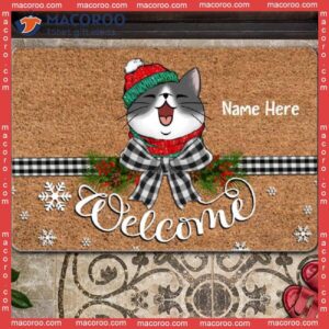 Christmas Personalized Doormat, Welcome Black & White Plaid Bow Holiday Gifts For Cat Lovers