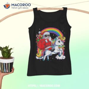 Christmas Santa Claus Riding Unicorn Xmas Girls Rainbow Short Sleeve Shirt