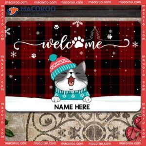 Christmas Welcome Mat, Buffalo Plaid Personalized Doormat, Gifts For Cat Lovers, Xmas House Decor