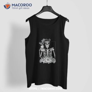 coffee drinking skeleton messy bun skull wo halloween shirt skeleton head tank top