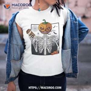 Coffee Drinking Skeleton Pumpkin Halloween Costume Shirt, Bulk Halloween Favors
