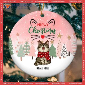 Colorful Pine Trees Light Pink Background, Personalized Cat Lovers Decorative Christmas Ornament,meowy Circle Ceramic Ornament