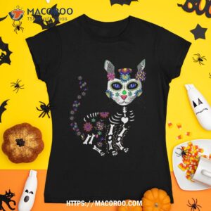 craneo de gato sugar skull cat halloween dia los muertos shirt spooky scary skeletons tshirt 1