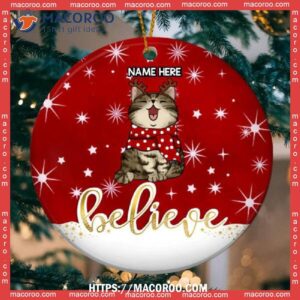 Custom Believe Sparkle Red Circle Ceramic Ornament, Grey Cat Ornaments