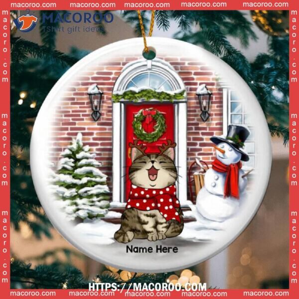 Custom Brick Wall Red Door Circle Ceramic Ornament, Cat Ornaments For Christmas Tree