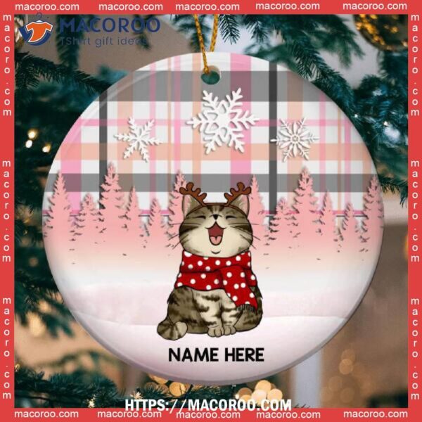 Custom Cat In Snow Pink Plaid Circle Ceramic Ornament, Cat Tree Ornaments