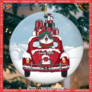 Custom Cat On Red Truck Snowy Circle Ceramic Ornament, Cat Christmas Tree Ornaments