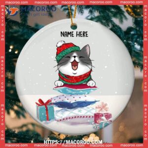 Custom Cat On Xmas Pillows Grey Circle Ceramic Ornament, Kitty Ornaments