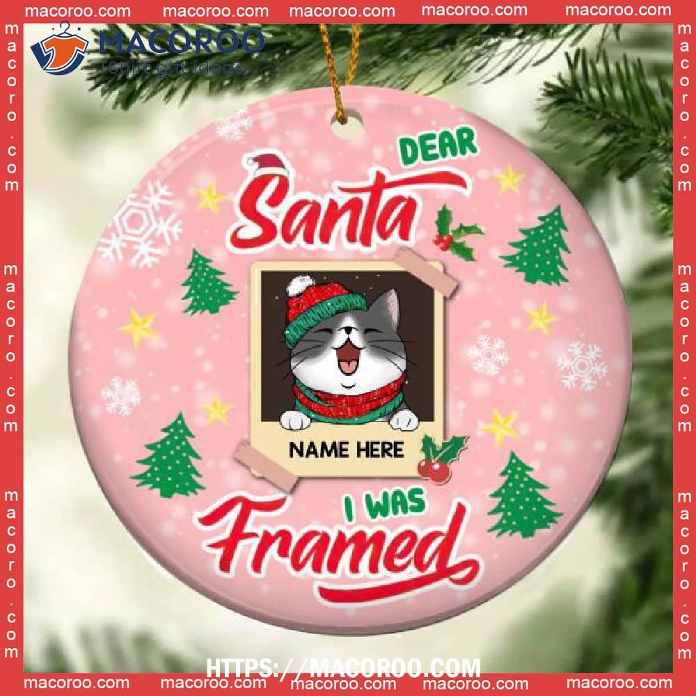 Custom Dear Santa I Was Framed Circle Ceramic Ornament, Grey Cat Ornaments