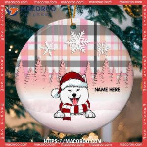 Custom Dog In Snow Pink Plaid Circle Ceramic Ornament, Dog Christmas Decor