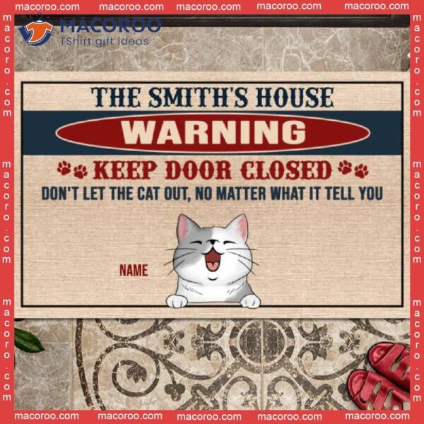 Custom Doormat, Gifts For Cat Lovers, Warning Keep Door Closed Don’t Let The Cats Out Front Mat