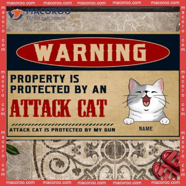 Custom Doormat, Property Is Protected By An Attack Cat Warning Front Door Mat, Gifts For Lovers