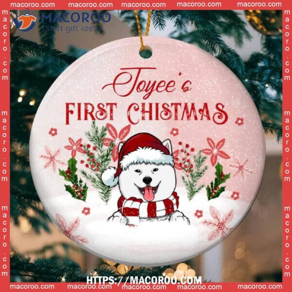 Custom First Christmas Pink Circle Ceramic Ornament, Dog Memorial Ornament