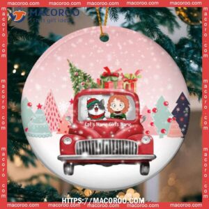 Custom Girl & Cat On Red Truck Circle Ceramic Ornament, Cat Christmas Ornaments Personalized