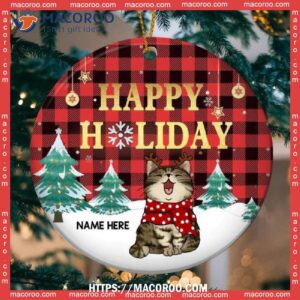 Custom Happy Holiday Red Plaid Circle Ceramic Ornament, Hallmark Cat Ornaments