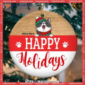 Custom Happy Holiday Red White Circle Ceramic Ornament, Hallmark Cat Ornaments