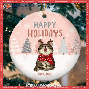 Custom Happy Holidays Pastel Pink Circle Ceramic Ornament, Personalized Cat Ornaments