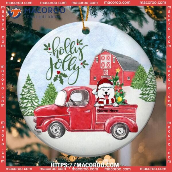 Custom Holly Jolly Red Truck Circle Ceramic Ornament, Golden Retriever Ornament