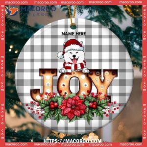 Custom Joy Gray Plaid Background Circle Ceramic Ornament, Dog Christmas Ornaments