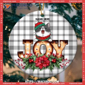 Custom Joy Gray Plaid Background Circle Ceramic Ornament, Hallmark Cat Ornaments